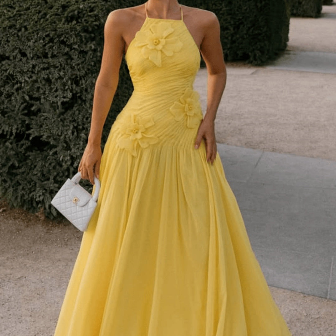 3D Floral Appliqué Halter Gown - Ruched Chiffon Prom Dress, Canary Yellow