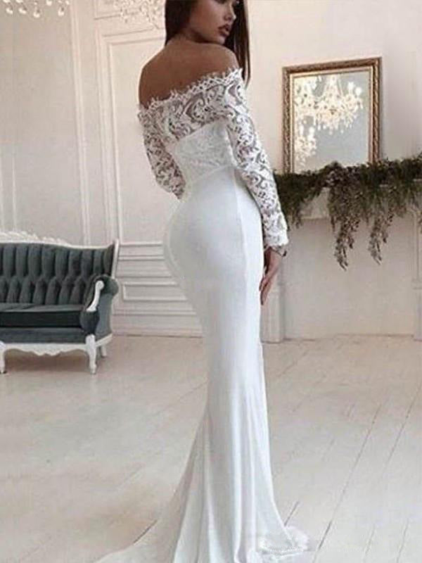 Deep V-Neck Chiffon A-Line Wedding Dress with Long Lace Sleeves.