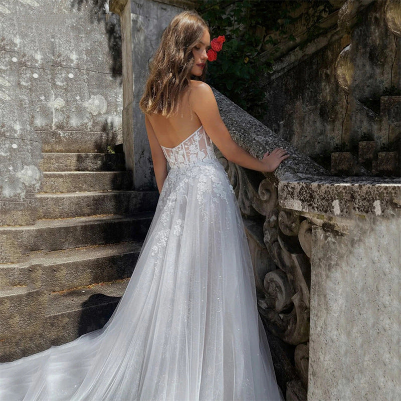 Strapless Lace Wedding Dress with High Slit – Whimsical Tulle Bridal Gown. luxury bridal gown by Bridal Boutique