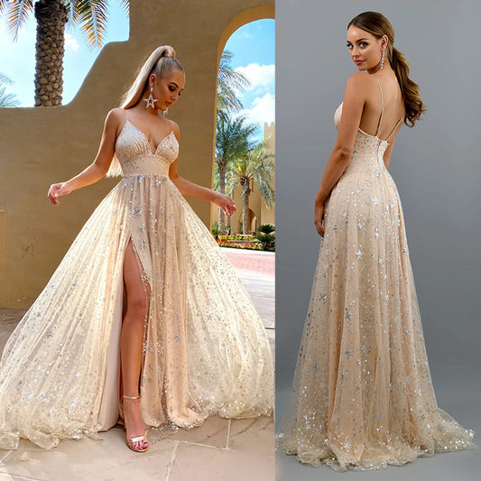 Glitter Sequin A-Line Prom Dress with High Slit - Deep V-Neck Formal Gown