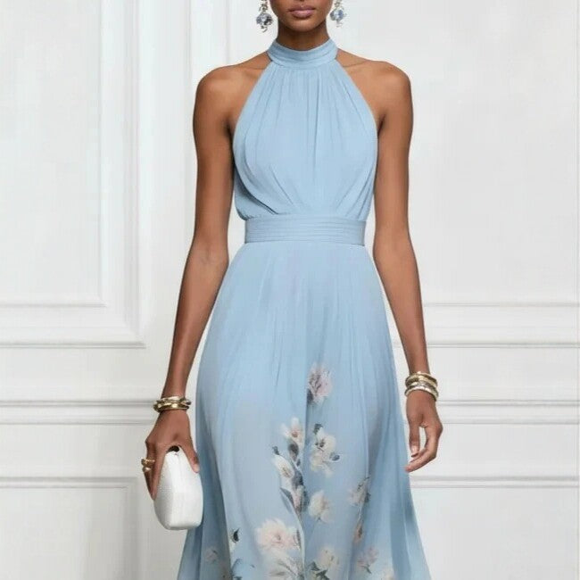 Elegant Powder Blue Chiffon Evening Gown – Flowing A-Line Maxi