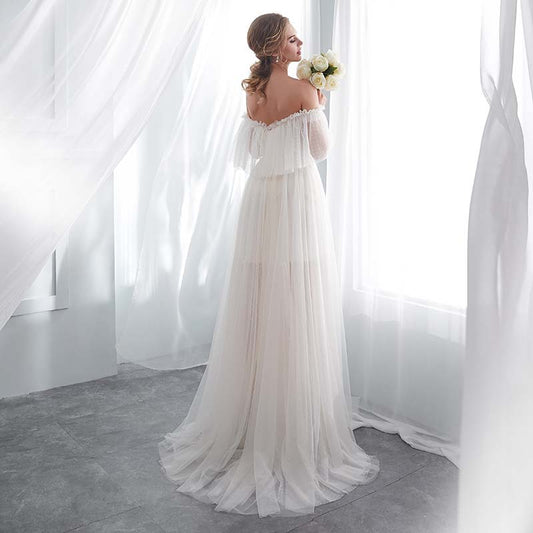 Off-The-Shoulder Mesh Wedding Dress - Layered A-Line Bridal Gown with Sleeves