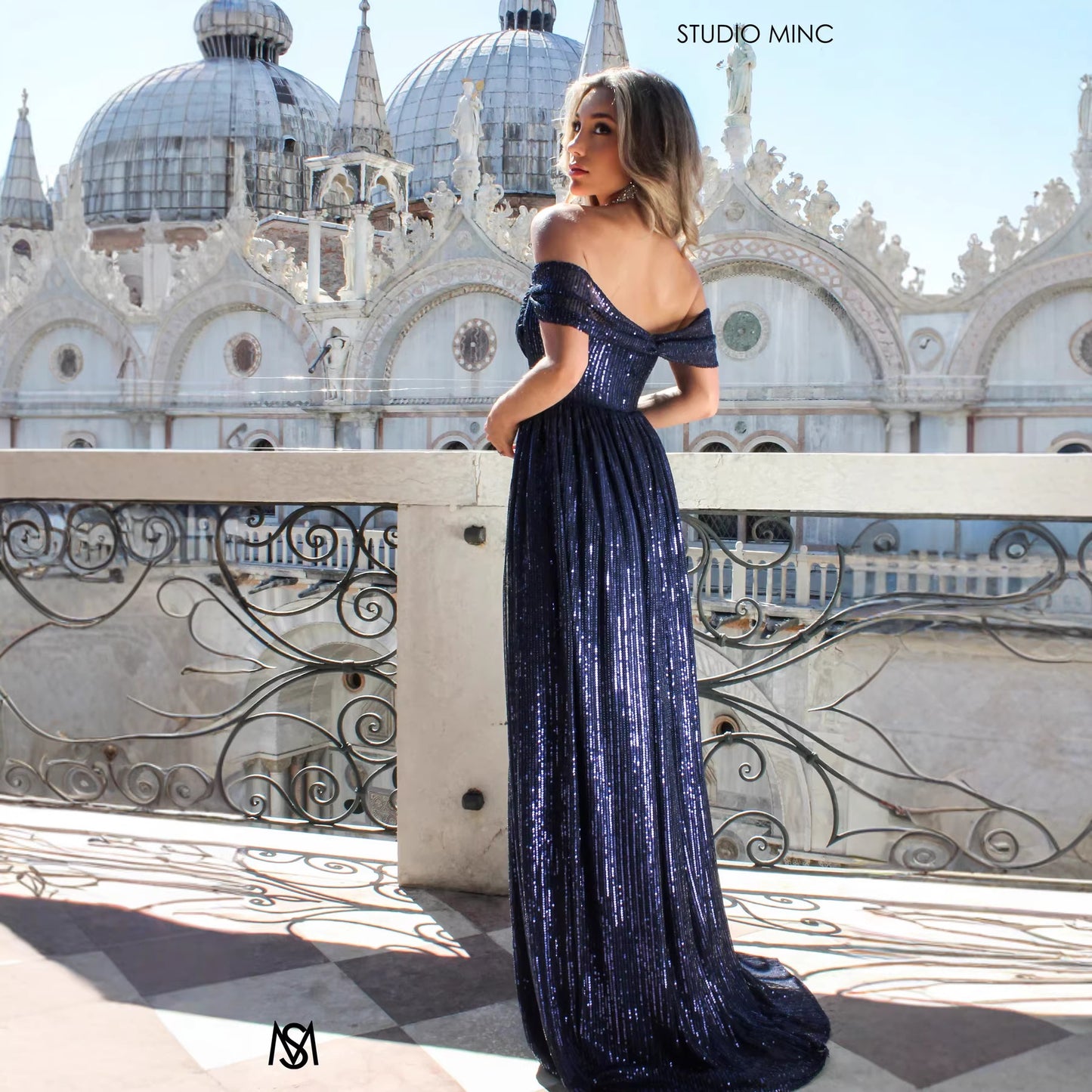 Sequin Off-the-Shoulder Corset Gown - Cowl Neck Formal Dress with Slit