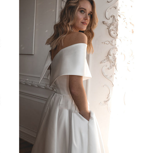Elegant Off-the-Shoulder Satin Midi Wedding Dress with Pockets.