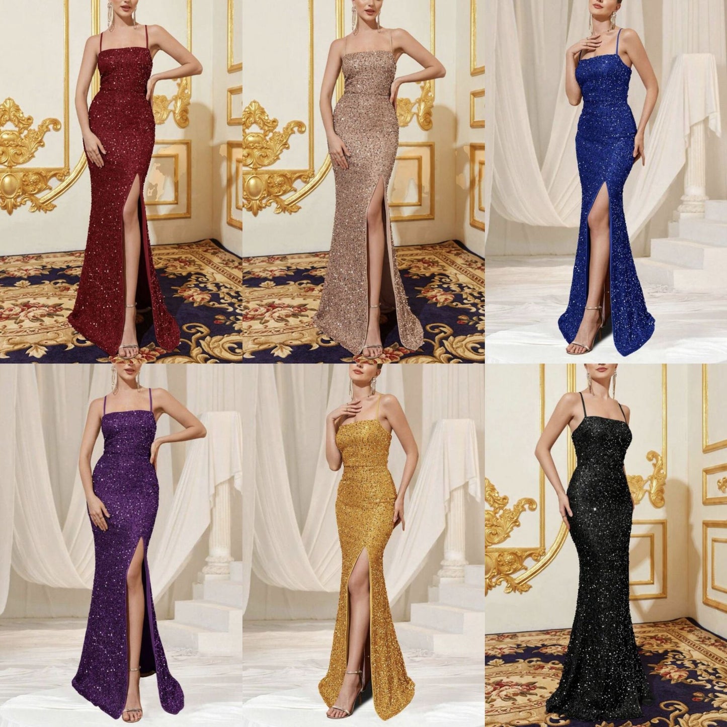 Full Sequin Square-Neck Gown - Spaghetti Strap Evening Dress with Slit