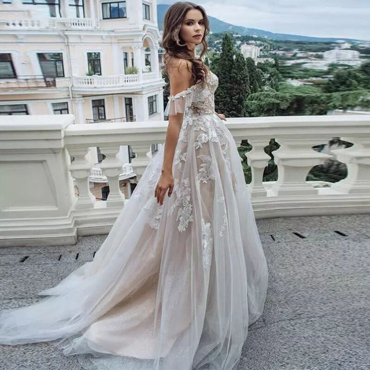 Luxury Off-the-Shoulder Satin Wedding Dress with Pockets & Back Bow.