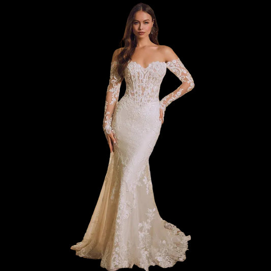 Elegant Off-Shoulder Lace Fishtail Wedding Gown