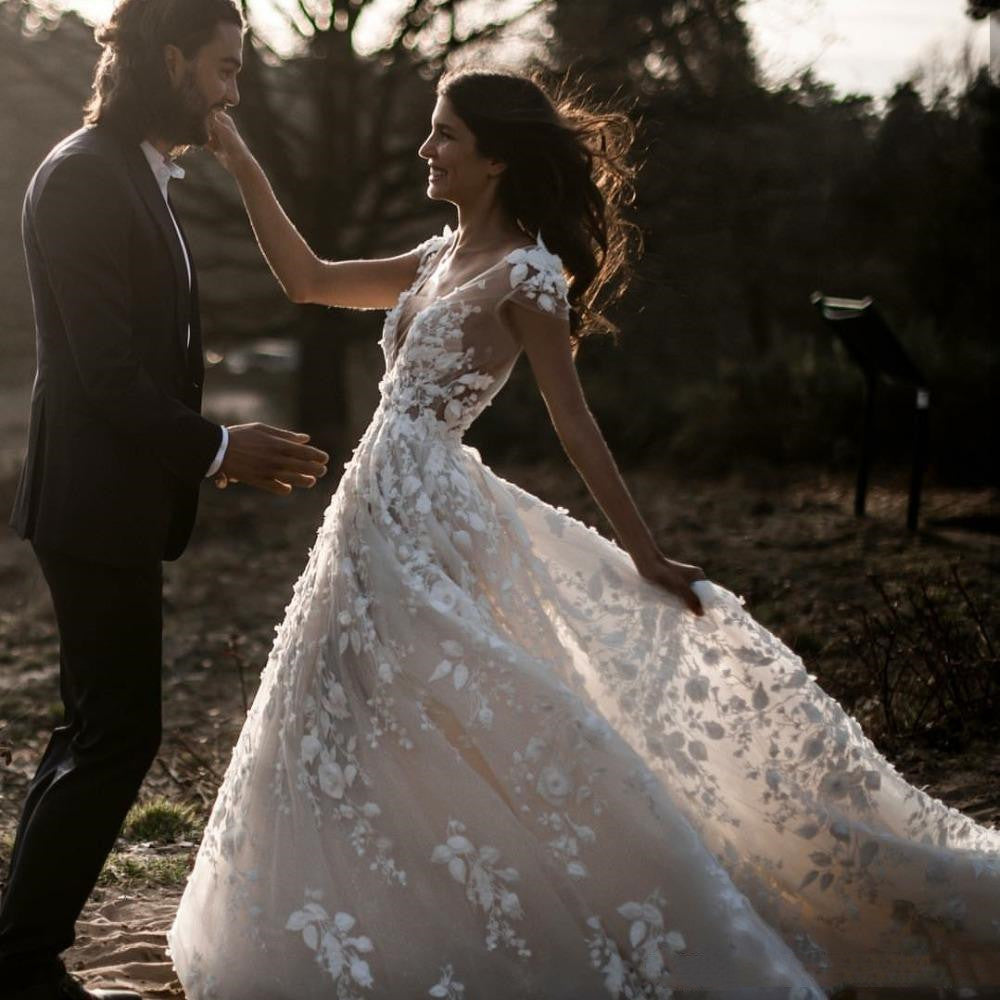 Deep V – Neck Lace A – Line Wedding Dress – 3D Floral Tulle Bridal Gown. luxury bridal gown by Bridal Boutique