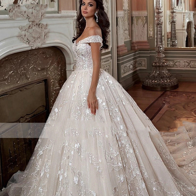 Off-Shoulder Sparkle Ball Gown Wedding Dress with Train – French Romance Bridal Gown.
