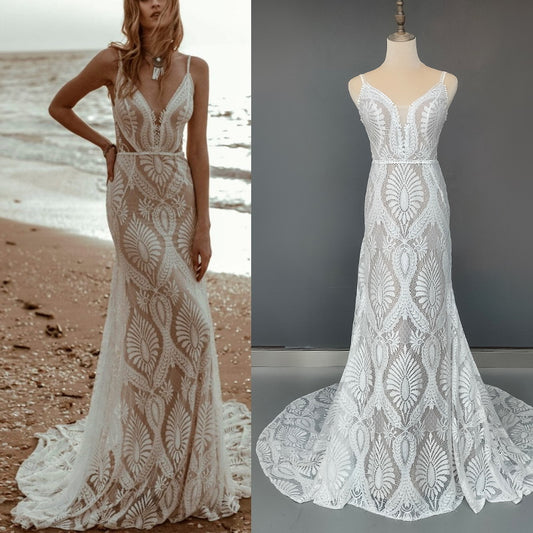 2-in-1 Convertible Lace Wedding Dress - Long Sleeve Bridal Gown with Detachable Skirt.