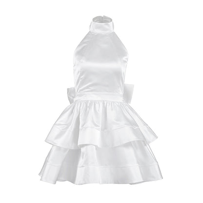 Neck-hanging Satin Puff Skirt Evening Gown Waist-cinching A-line Formal Dress For Women