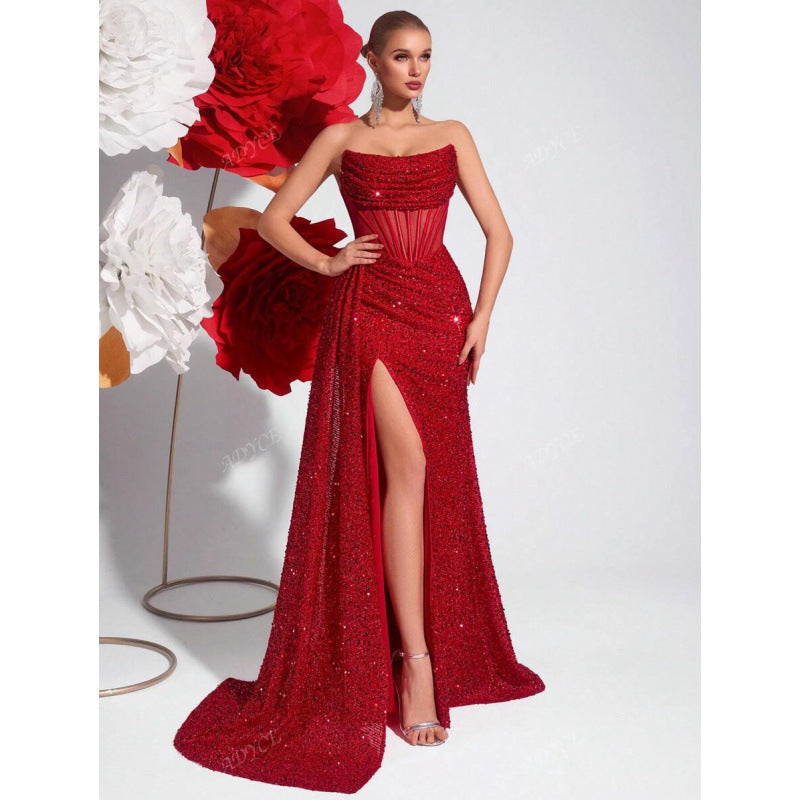 Womens Off-the-Shoulder Hollowed-Out Fishbone Pleated Dress