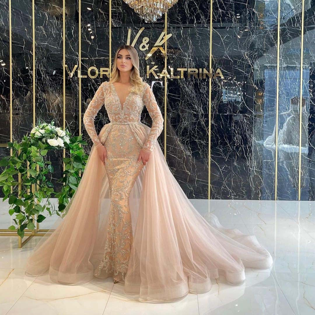 2-in-1 Luxury Beaded Mermaid Wedding Dress with Detachable Overskirt.
