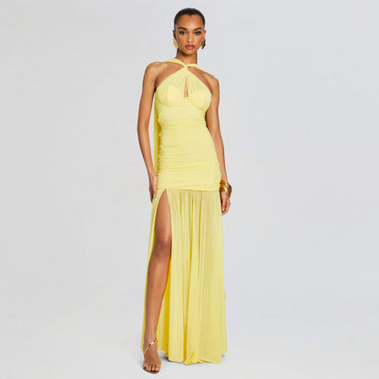 Pure Color Halter Mesh Stitching Dress Slit Dress