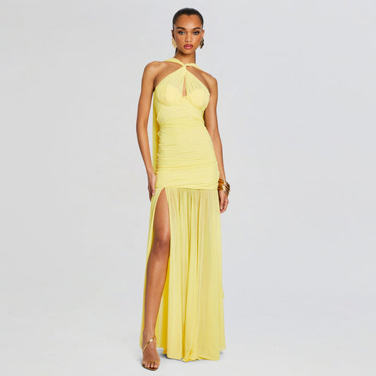 Pure Color Halter Mesh Stitching Dress Slit Dress