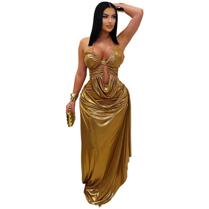 Chic And Elegant Pleated Off-shoulder Dress With A Gold Chain Neck Strap