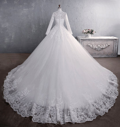 Luxury Lace Ball Gown Wedding Dress - High Neck Long Sleeve Bridal Gown.