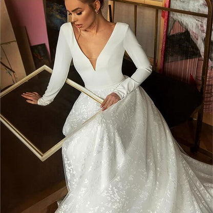 Long Sleeve V-Neck Wedding Dress - Satin A-Line Bridal Gown with Train