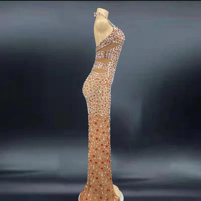 Glitter Rhinestone Formal Crystal Backless Elegant Statement Dress