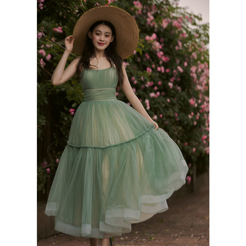 Women's Green Suspender Long Bridesmaid Dress
