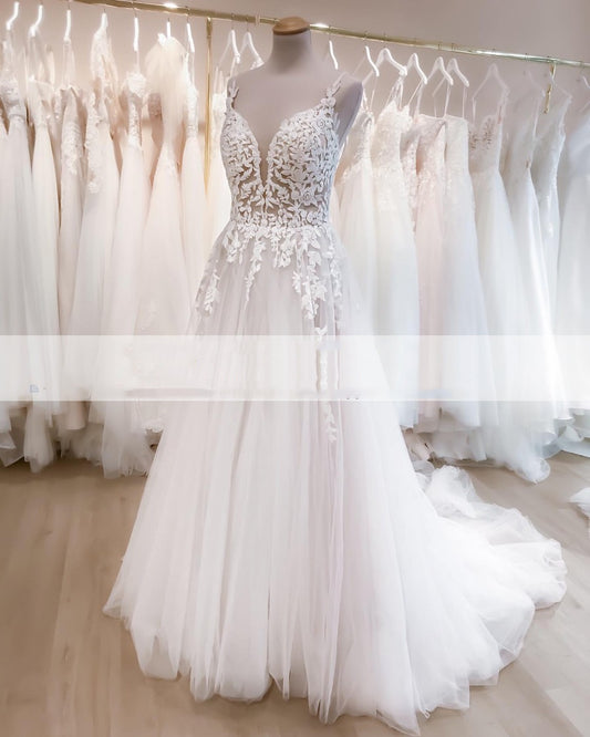Classic V-Neck Satin A-Line Wedding Dress with Delicate Lace Straps.