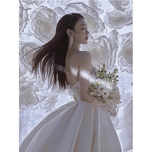 2-in-1 Luxury Strapless Lace Mermaid Wedding Dress with Detachable Satin Train.