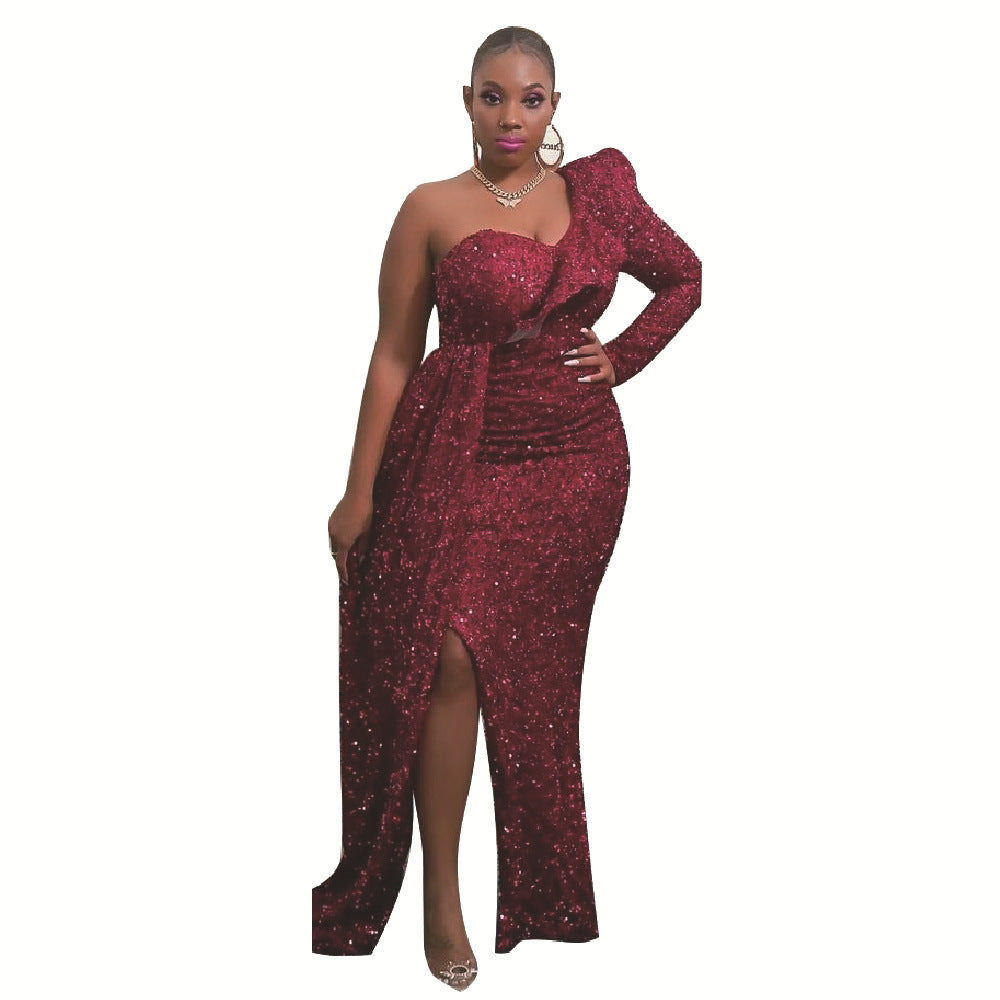 Fashion New One Shoulder Sequin Formal Bridesmaid Party Long Dress