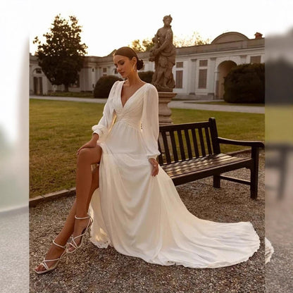 Elegant Long Sleeve Chiffon Wedding Dress - Deep V-Neck A-Line Bridal Gown.