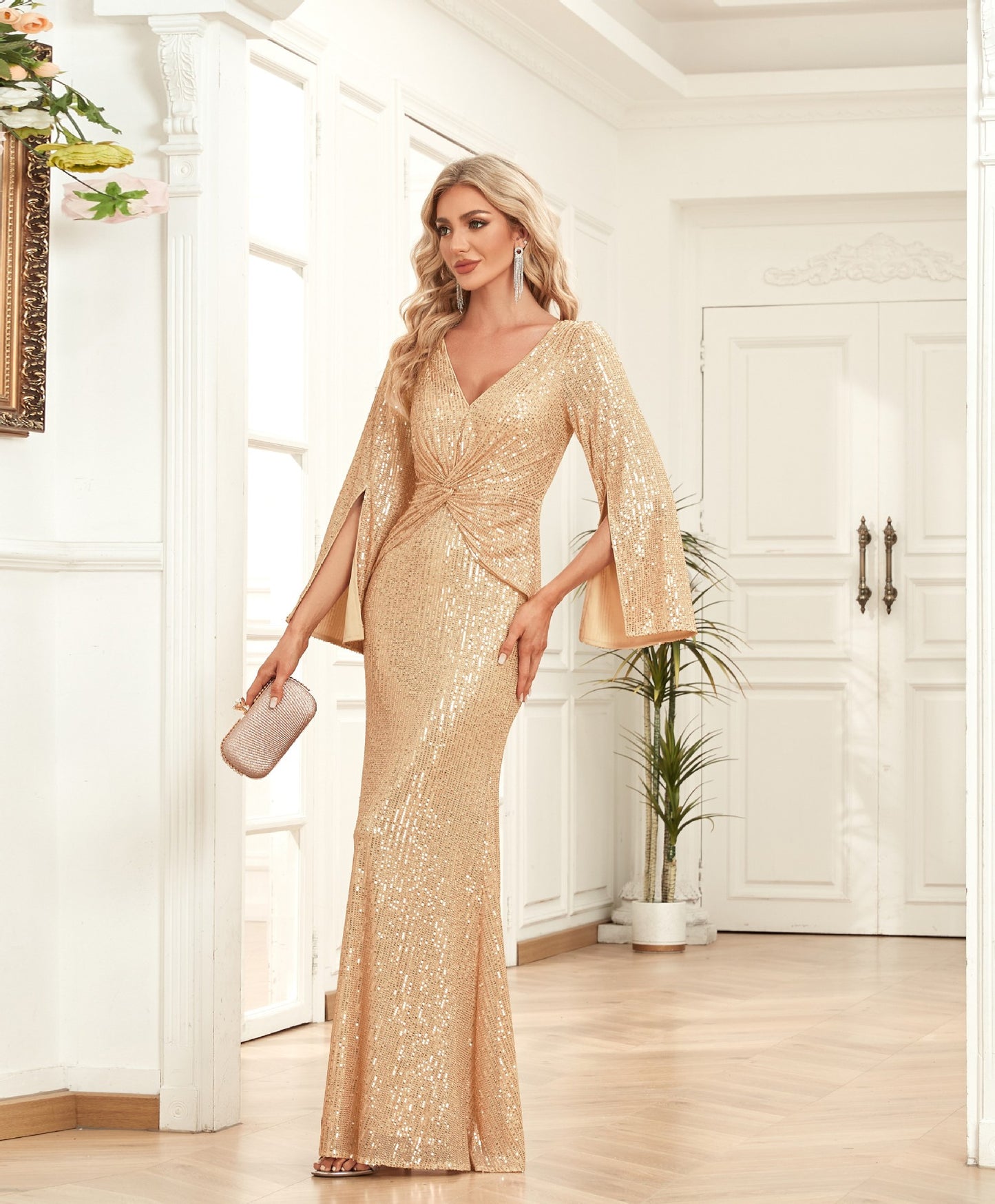 Gold Sequin Slim Fishtail Bridesmaid Evening Dress