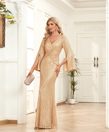 Gold Sequin Slim Fishtail Bridesmaid Evening Dress