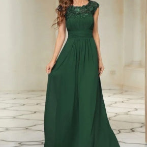 Women's Cover Sleeve Chiffon Pleated bridesmaid Lace Dress