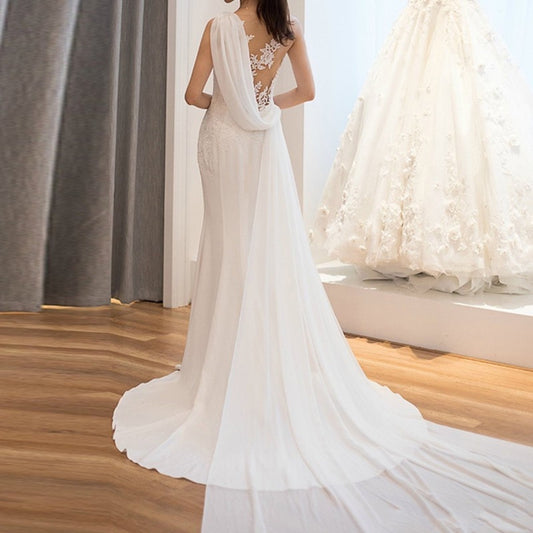 Minimalist Sheath Wedding Dress with Chiffon Shoulder Streamers.