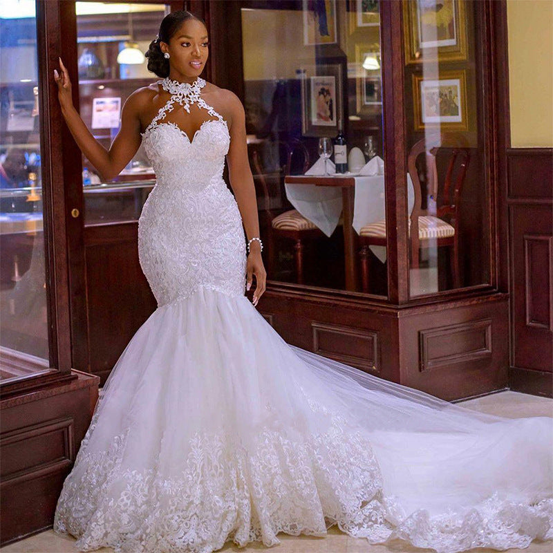 Vintage Halter Mermaid Wedding Dress | Beaded Lace Bridal Gown.