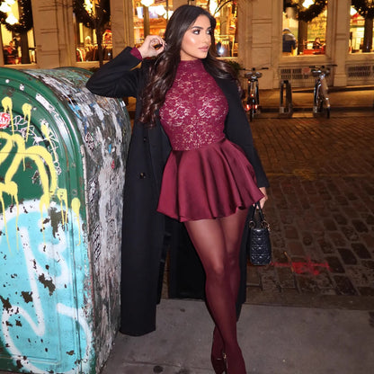 Lace Stitching Round-neck Long-sleeved Sexy Dress