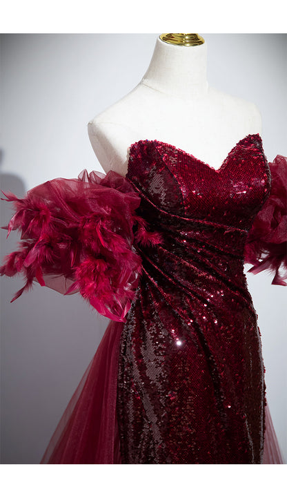 Off-The-Shoulder Sequin Mermaid Dress - Red Formal Evening Gown with Ruffle Sleeves