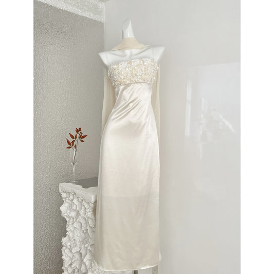 Champagne Satin Maxi Dress with Lace Trim - Elegant Strapless Evening Gown