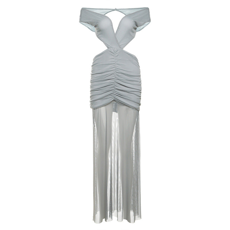 Sexy Chica Mesh Pleated Patchwork V-Neck Backless Dress