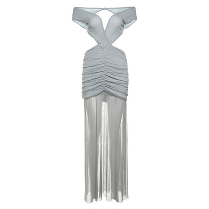 Sexy Chica Mesh Pleated Patchwork V-Neck Backless Dress