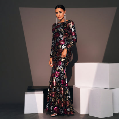 Evening Gown Long Sleeve Temperament Crew Neck Long Sequined Floral Banquet Dress