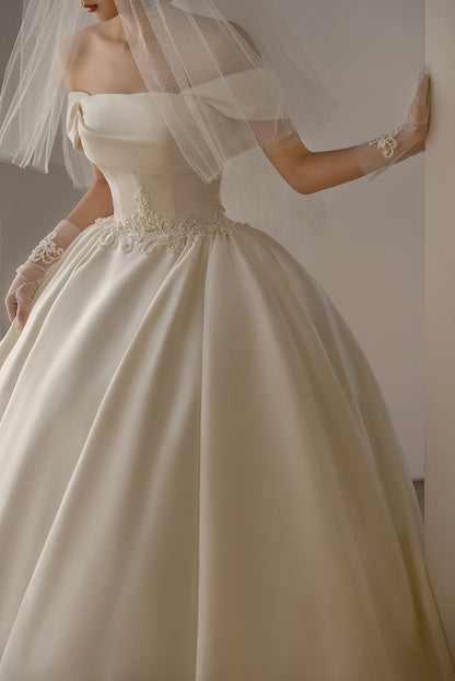 Vintage Satin Off-Shoulder Ball Gown Wedding Dress - Retro A-Line Bridal Gown.