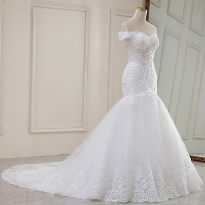 Off-the-Shoulder Lace Mermaid Wedding Dress with Long Train.