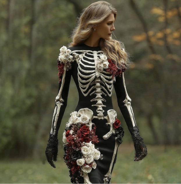 Beautiful Ball Gown Formal Skeleton Bones Halloween Dress