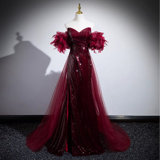 Off-The-Shoulder Sequin Mermaid Dress - Red Formal Evening Gown with Ruffle Sleeves