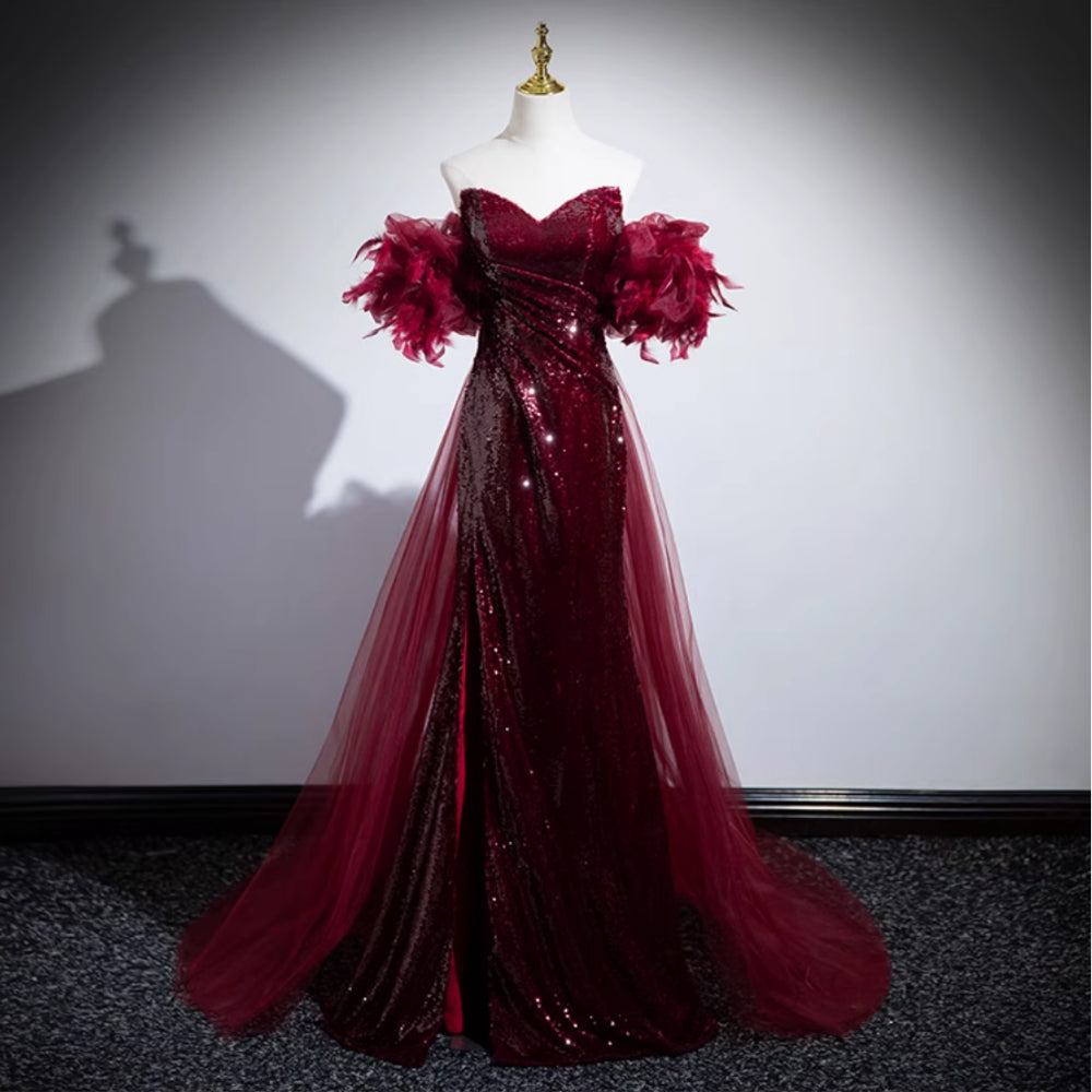 Off-The-Shoulder Sequin Mermaid Dress - Red Formal Evening Gown with Ruffle Sleeves
