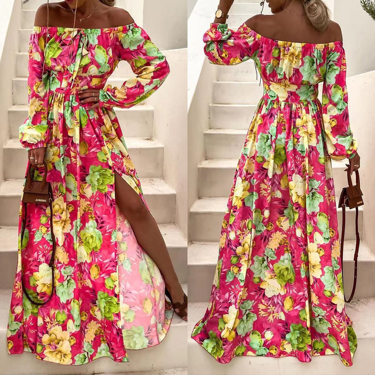 Boho bright multicolor long sleeve colorful summer Dress