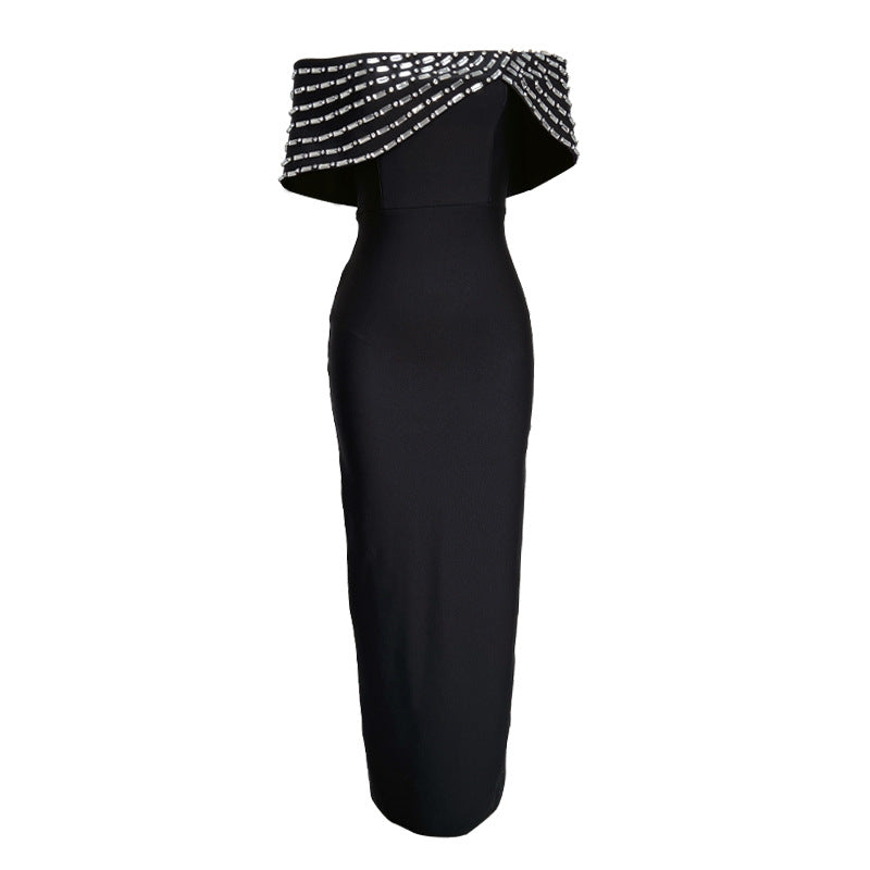 Off-shoulder Handmade Diamond Strip Dress Evening Dress