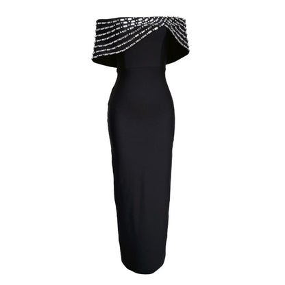 Off-shoulder Handmade Diamond Strip Dress Evening Dress