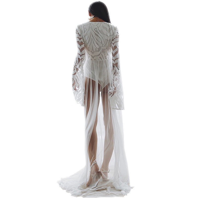 Boho Long Sleeve Lace Beach Cover-Up – Sheer Mesh Maxi Dress