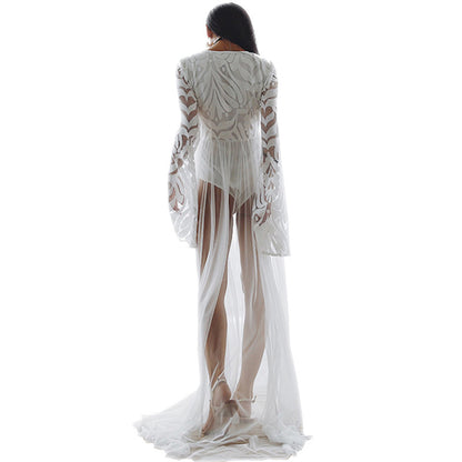 Boho Long Sleeve Lace Beach Cover-Up – Sheer Mesh Maxi Dress