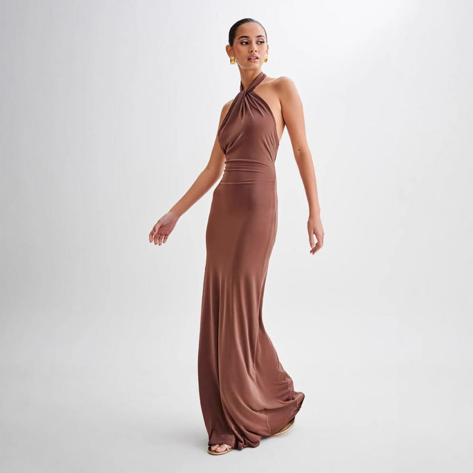 Sexy Backless Halter Slim Fit Waist Slimming Maxi Bridal Party Club Dress